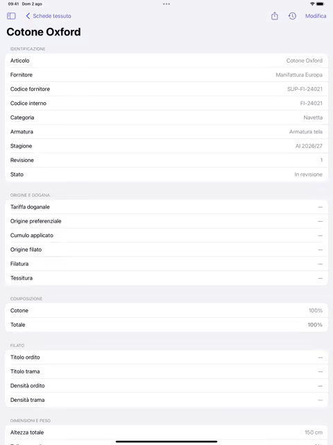 Scheda tessuto FabricDataSheet su iPad
