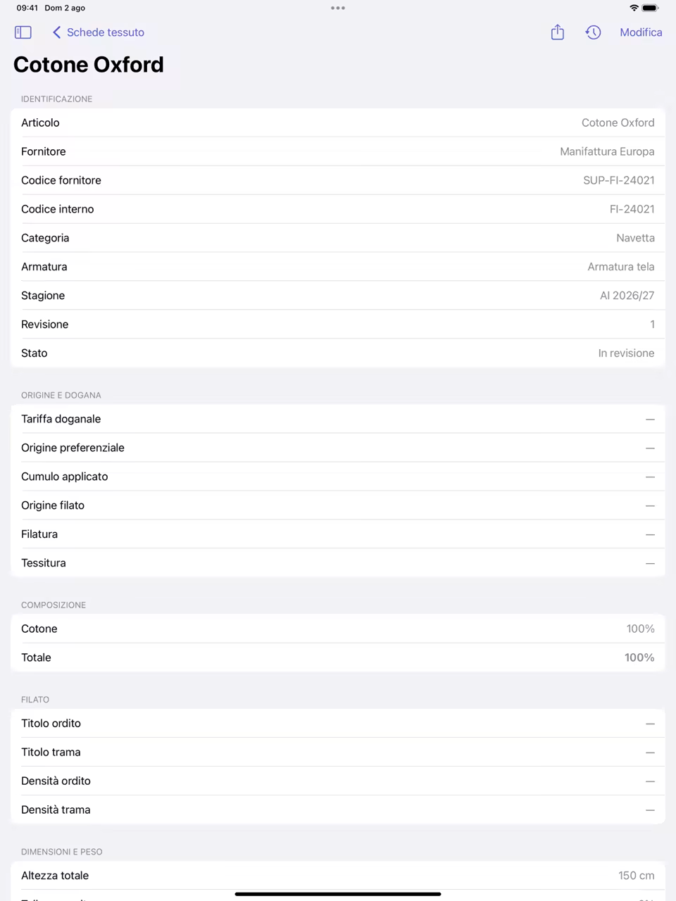 Scheda tecnica tessile completa su iPad